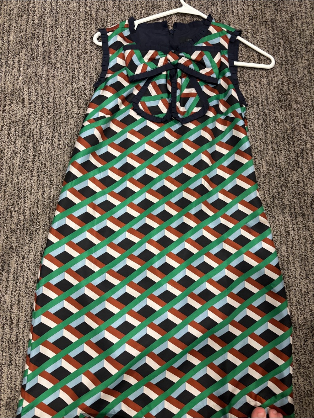 J crew Geometric Bow-Front Sleeveless Shift Dress in Green, Navy & Brown